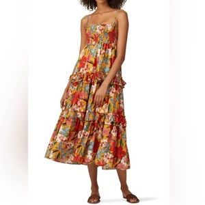 Nicholas Floral Smocked Tiered Prairie Midi Dress Square Neck Silk Size 18